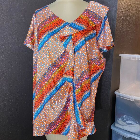 Lane Bryant‎ multi color Ruffle Striped Animal Print Cap Sleeve Satin Blouse Top - Picture 1 of 5